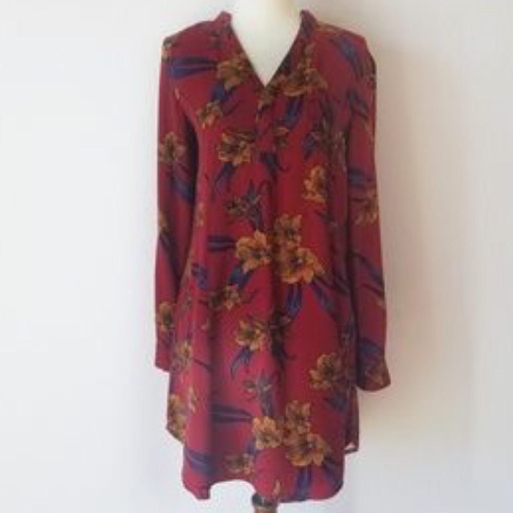 JustFab | Red Floral Long-sleeve Dress